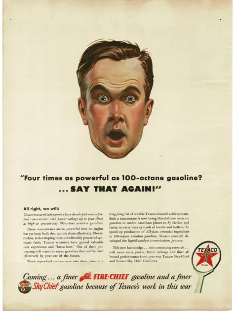 1944 Texaco Fire Sky Chief Gasoline surprised man art Vintage Print Ad
