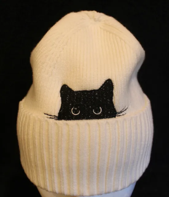 NWOT Cat Hat Embroidered Peeking Over The Brim Black Cat Beanie Hat One Size