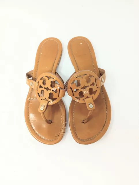 Women's 8.5 Tory Burch Miller Tan Dark Nude Patent Leather Thong Sandals