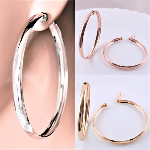 #C105 NEW CLIP ON NON-PIERCED 0.2" Width Polished Big LARGE 2.35" Hoop EARRINGS