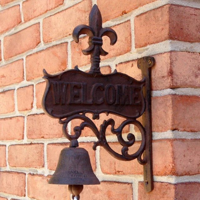 Large Welcome Dinner Bell Cast Iron Fleur De Lis Scrolls Wall Mounted Victorian
