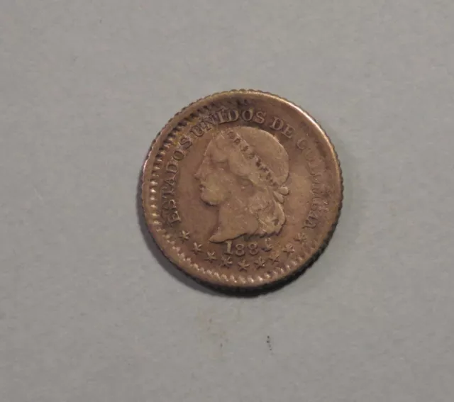 1884 5 Moneda Colombia Plateado Mundo KM174a.1 Bogotá Cinco Cent Bajo Acuñación