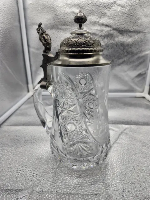 German Beer Stein Cut Lead Crystal with Pewter Lid 9"