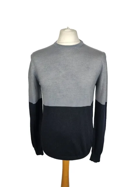 M&S Autograph Men's Slim Fit Merino Wool Silk Blend Grey + Navy Jumper Medium UK