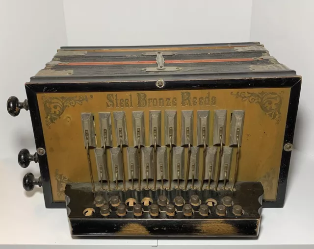Antique German Steel Bronze Reed Beaver Brand Button Accordion