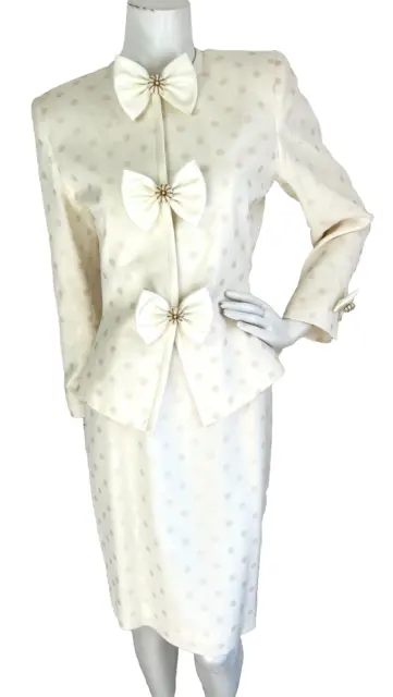 Vintage Albert Nipon Skirt Suit Formal Bow Peplum Jacket Polka Dot Ivory 4 EUC 3
