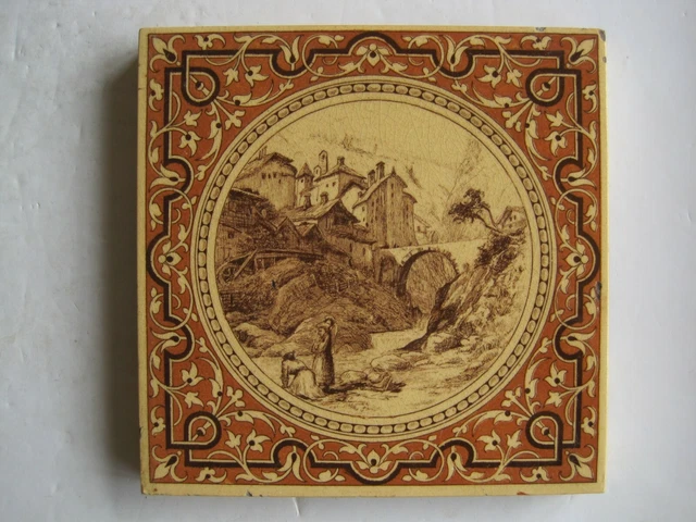 ANTIQUE VICTORIAN MINTONS L.T. SWETNAM LANDSCAPE TILE  - TOWN & BRIDGE c1890