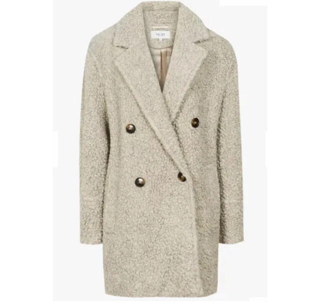 REISS SKY TEXTURED Wool Blend Teddy Coat Light Grey 10 RRP 265