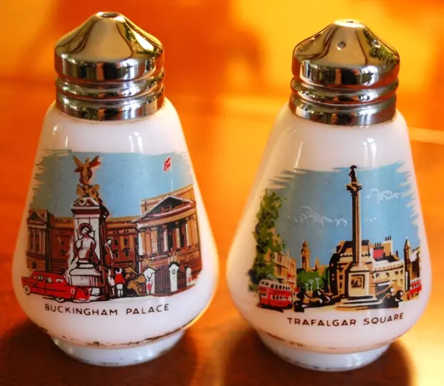 1950s Milk Glass SALT & PEPPER SHAKER SET England Buckingham Palace Trafalgar Sq