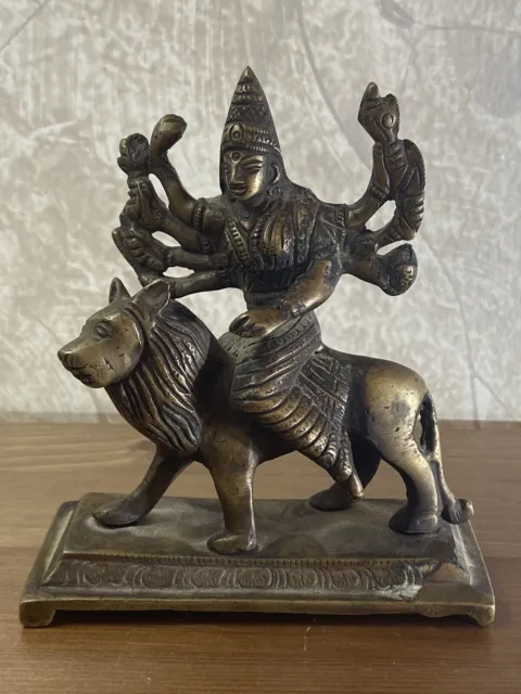Antique Bronze Buddha Shiva Durga riding Lion India 18th/19th century