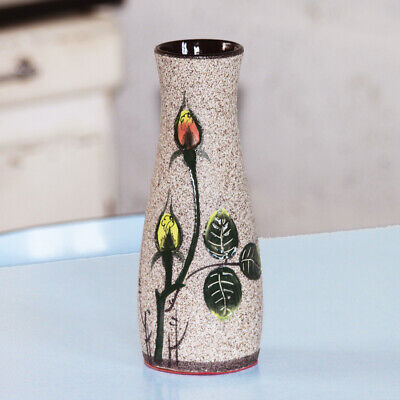 ADORABLE CERAMIQUE/ VASE A DECOR DE FLEURS NOIRES NACREES 1950/ 1960 SIGNE 
