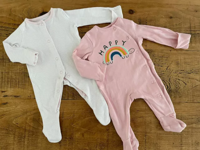 Baby Girl 1 month 4.5 kg F&F 2 Pink Babygrows Sleepsuits Rainbow Good Condition