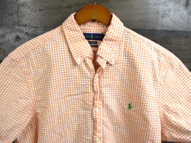 Polo Ralph Lauren Shirt Mens Large Orange Seersucker Untucked Fit Button Down