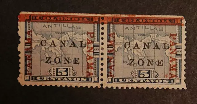 US CANAL ZONE #12 Pair / MH / 1904 5c Blue Map of Panama / SCV $15 2