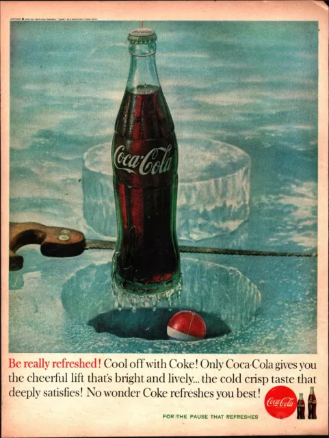 1960 Coca-Cola Soda Vintage Print Ad Ice fishing Bottle Glass Opener Water c5