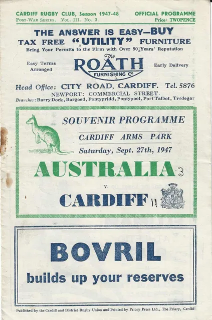 CARDIFF v AUSTRALIA 27th September 1947 RUGBY PROGRAMME - WALLABY TOUR in WALES