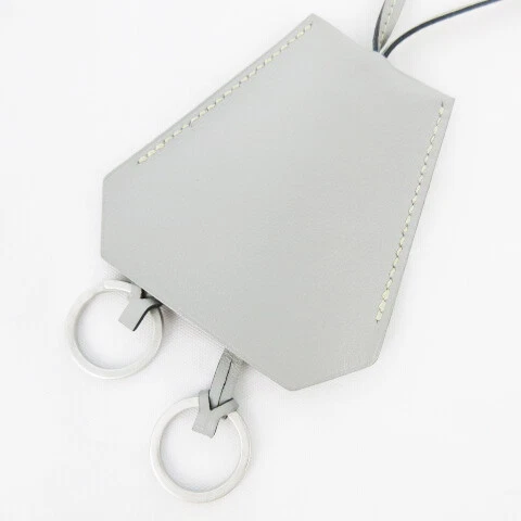 Hermes Crochet Necklace Charm Key Ring Gray Leather Engraved Accessories Women
