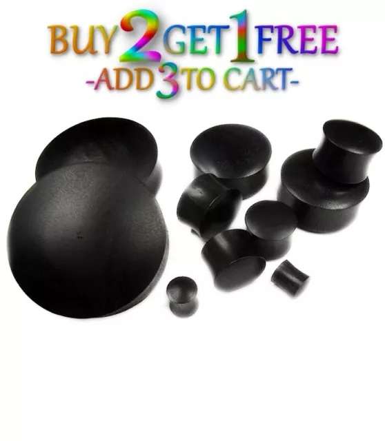 Pair 8g-50mm BLACK ARENG WOOD PLUGS Double Flare Gauges Tunnels Organic Ear 1121