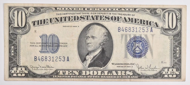 1934-D Silver Certificate $10 Blue Seal Avg Circ