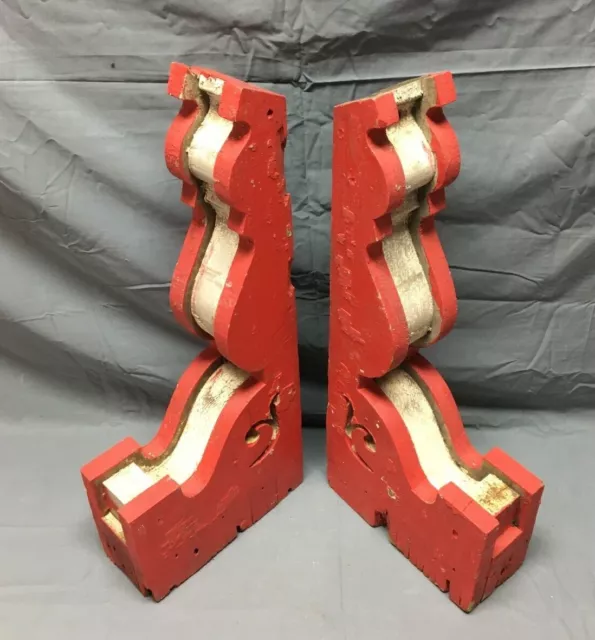 Antique Pair Wood Corbel Roof Brackets Shabby Red & White VTG Chic Old 848-22B