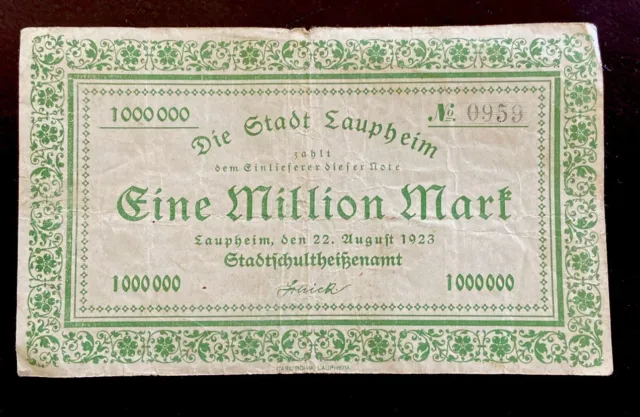 Originaler Geldschein 1 Millionen Mark Stadt  Laupheim 1923