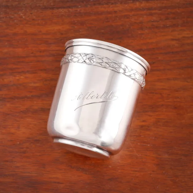 French 800 Silver Cup Leaf & Ribbon Band Late 1800S, 1900S Monogram Albertito
