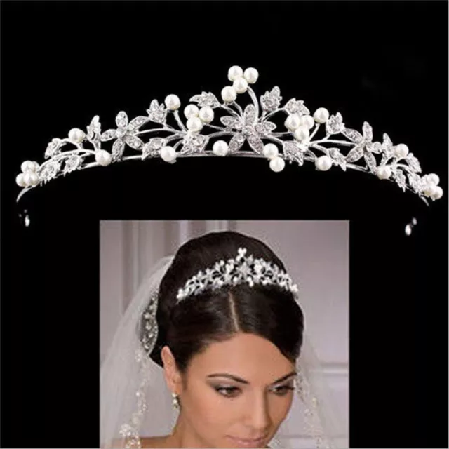 Wedding Bride Bridal Prom Queen Pearl Crystal Flower Tiara Princess Tiara Crown