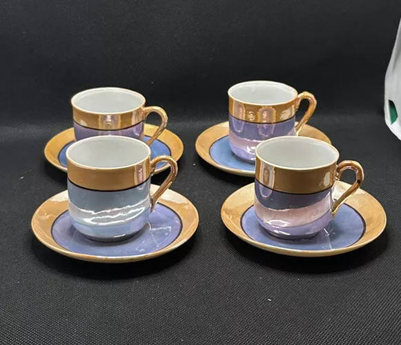 Vintage Set of 4 Lusterware Blue & Gold Tea Cup & Saucers Made in Japan