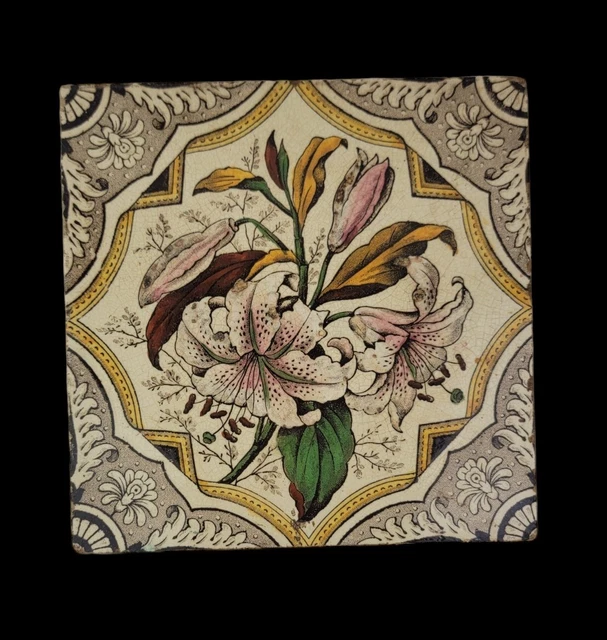 Antique 1880s English Colorful Transferware Floral Tile