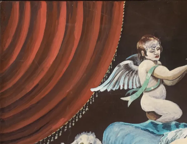 Ancien tableau huile femme nue couchée angelot putti chien curiosa art Naif