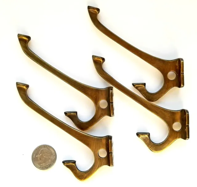 4 Arts and Crafts Mission Antique Style Coat Hat double hooks 4" brass #C7 2