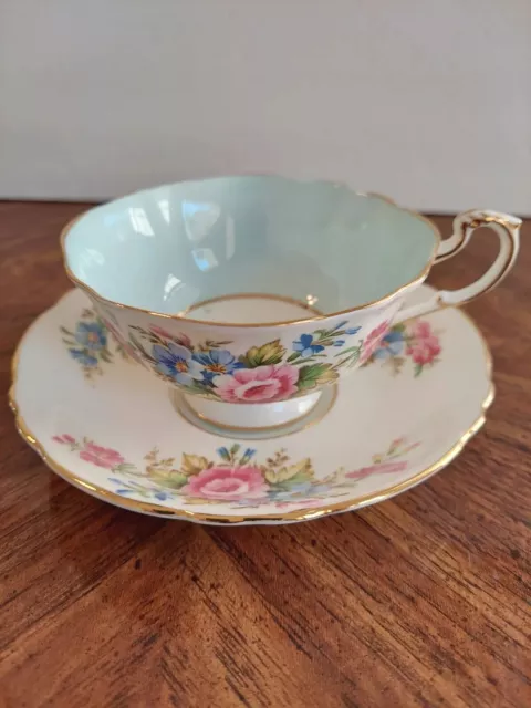 Vintage Paragon England Bone China Floral Blue Tea Cup & Saucer, Double Warrant