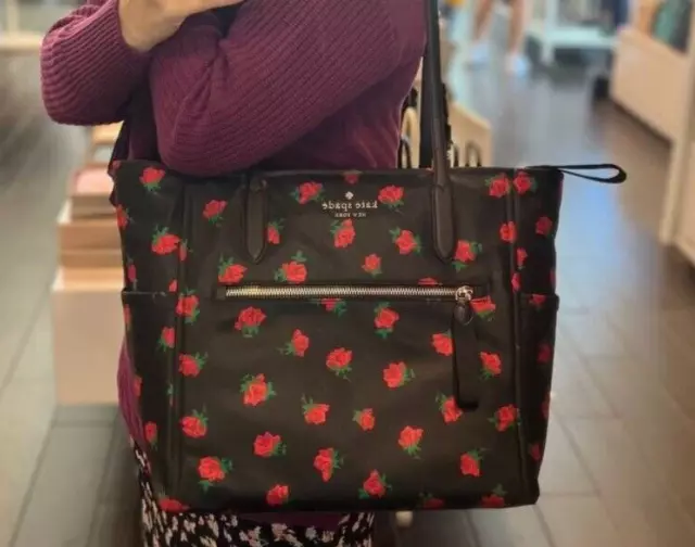 KATE SPADE Chelsea Large Nylon Tote Rose Toss Print Black Multi NEW