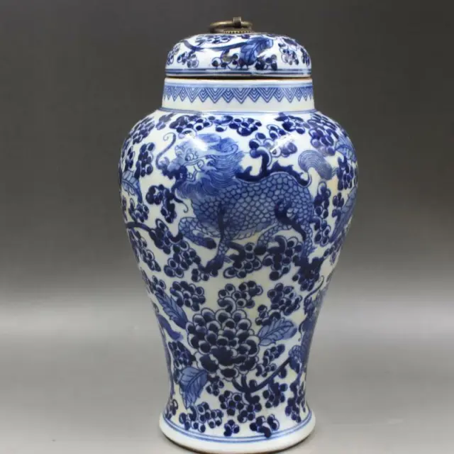 Chinese Blue and White Porcelain Jar Qing Tongzhi Kylin Design Tea Caddy 11 inch