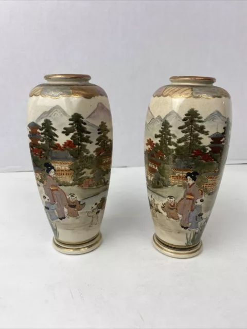Pair Vintage Japanese Satsuma Style Miniature Vases Signed Base SEE PICS