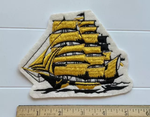 Three Masted Barque Sailing Ship Boat Black Yellow Sails Embroidered Patch Badge