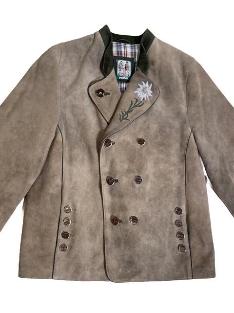 Meindl Herren Trachtenjanker Jacke Gr 52 Braun Beige Echt Leder Edelweiß Janker