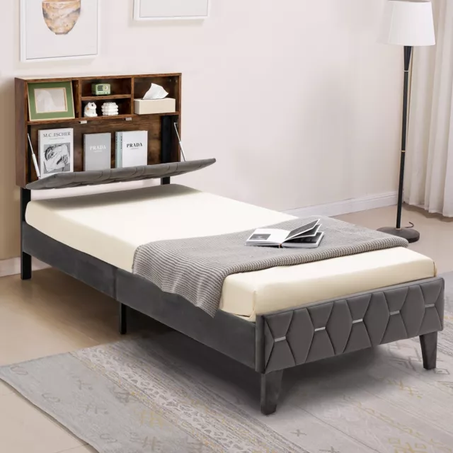 Single Size Bed Frame Upholstered Platform Bed Slat Support W/ Storage Headboard 3