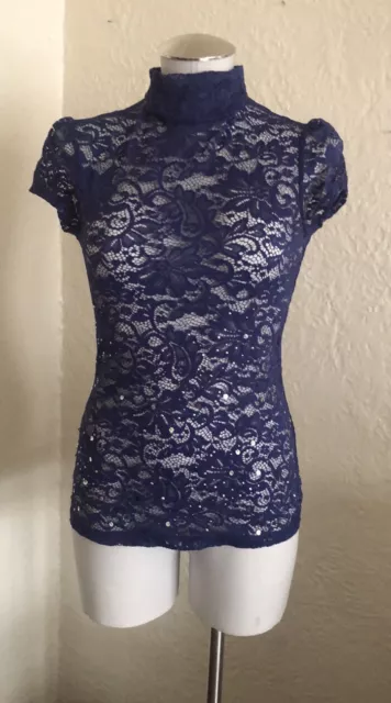 Express Blue Floral Lace Sequin Studded Open Back Mock Neck Top