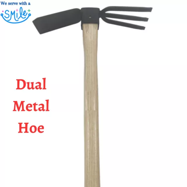 Dual Metal Hoe and Rake for Garden with Wooden Handle 35 x 24 cm