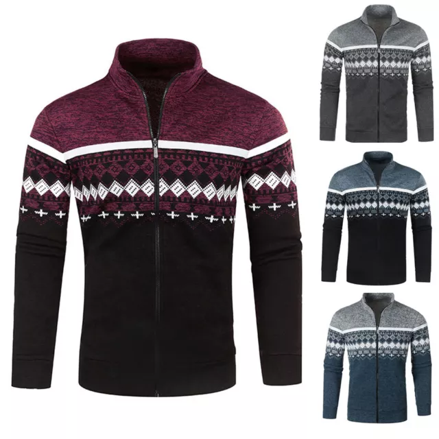 Giacca Sottile Jacquard Da Uomo Cardigan Maglione Cappotto Maglione Foderat ^