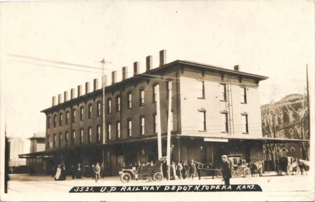 UNION PACIFIC TRAIN STATION real photo postcard rppc TOPEKA KANSAS KS rr depot