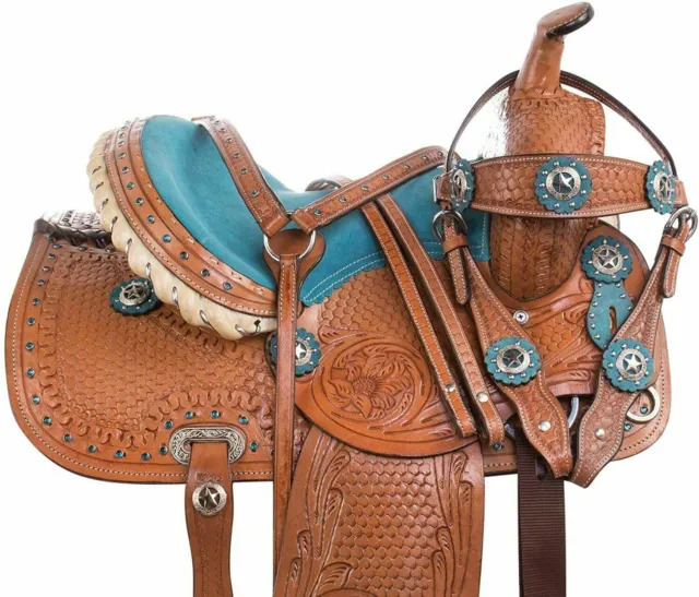 Premium Leather Youth Size Western Show Barrel Racing Horse saddle on 16"