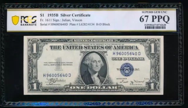AC 1935B $1 Silver Certificate PCGS 67 PPQ GEM  Fr 1611 H-D block!!!