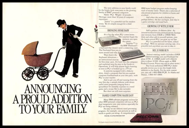 1984 IBM PC Jr. PRINT AD Retro Computers PC Charlie Chaplin Stroller