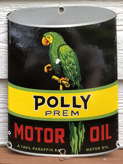 Vintage Polly Prem Motor Oil Can Premium Porcelain 11” Sign Vintage Polly Prem Motor Oil Can Premium Porcelain 11” Sign