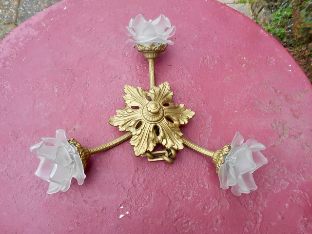 Lustre Ancien Français Art Nouveau – Bronze Doré, 3 Tulipes Verre Dépoli, Fin XIXe