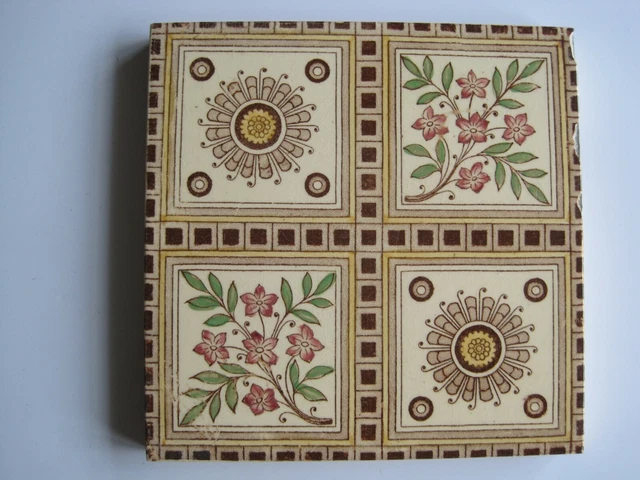 ANTIQUE VICTORIAN MINTON HOLLINS? 6" PRINT & TINT QUARTERED TILE No.150 C1884