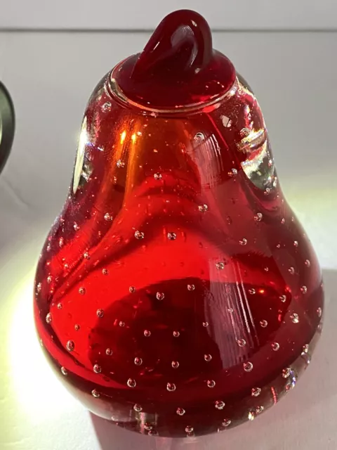 Vintage Lefton Glass Art Red  Pear Paper Weight Controlled Bubbles 4” Inch