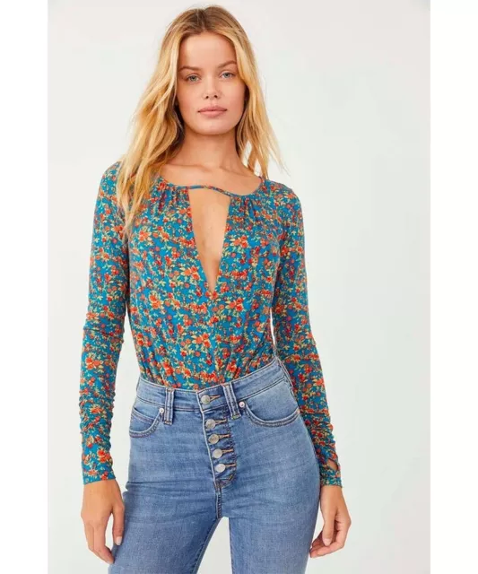 FREE PEOPLE Floral Print Bodysuit Women's Size XS NWT Turquoise Combo